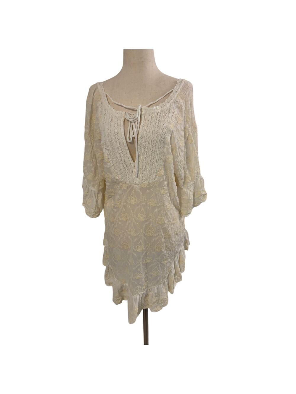 Anthropologie Ivory Boho Lace Tunic Top Small Peasant Crochet Ruffle